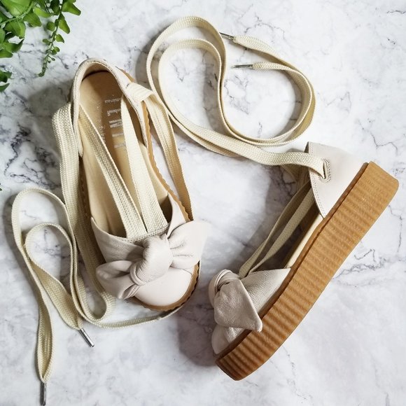 Fenty Puma Oatmeal Leather Lace-Up Bow Creepers